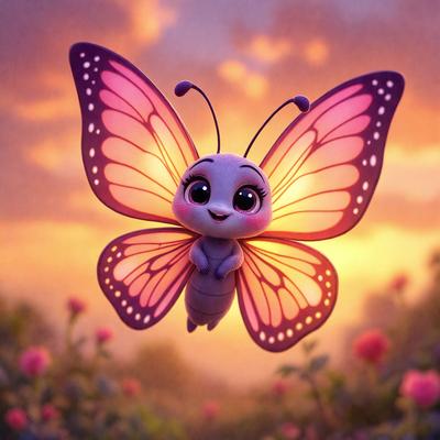 Primary subject: A butterfly with a pink body and purple wings.

Setting/background: A field of flowers, with a sunset in the background.

Visual style: Digital art.

Colors and mood: The butterfly has a pink body and purple wings, creating a warm and vibrant atmosphere. The sunset in the background adds a sense of tranquility and beauty to the scene.